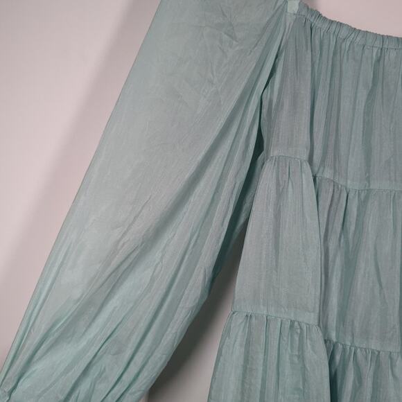 Alice + Olivia Rowen Tiered Square Neck Mini Dress Blue Puff Sleeves XS Preowned - Picture 5 of 9